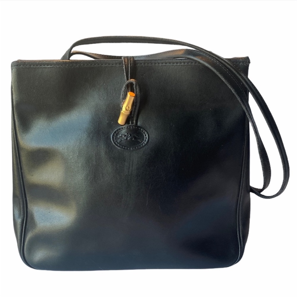 Longchamp Black Leather Double Handle Tote Handbag